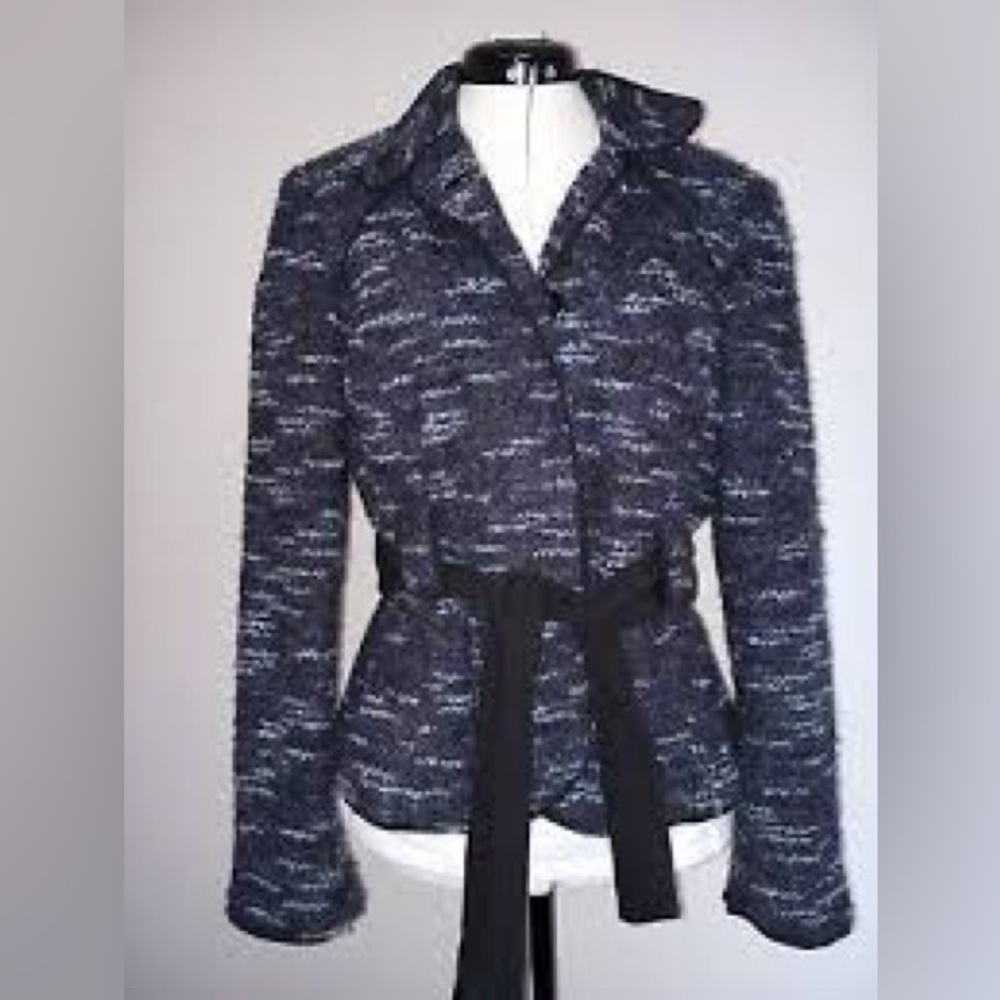 Sandro Boucle Tweed Textured Collared Blazer Jacket with Tie Blue Black Large
